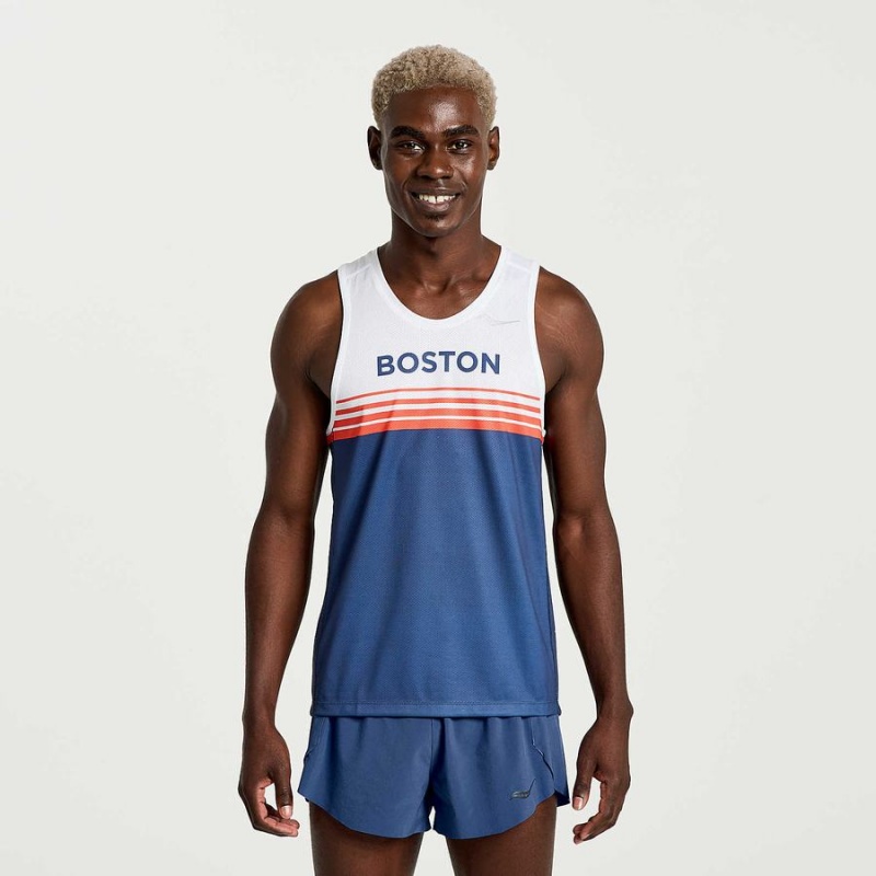 Saucony Boston Stopwatch Singlet Férfi Trikó Kék Fehér | Hungary S32850-D87