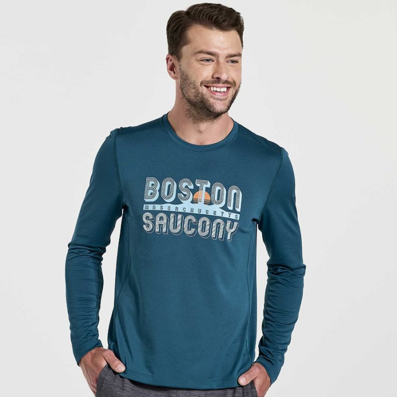 Saucony Stopwatch Grafika Long Sleeve Férfi Póló Kék | Hungary S41326-R78